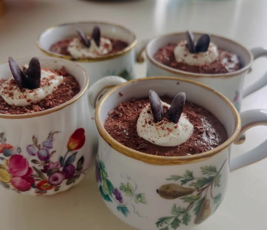 Chocolate mousse in vintage china cups with chocolate shavings